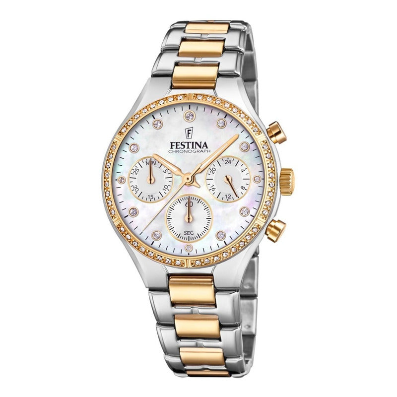 Reloj Festina Mujer Cronometro Con Piedras F20402/1 Plateado Y Dorado Dorado Con Piedras Blanco Nacarado