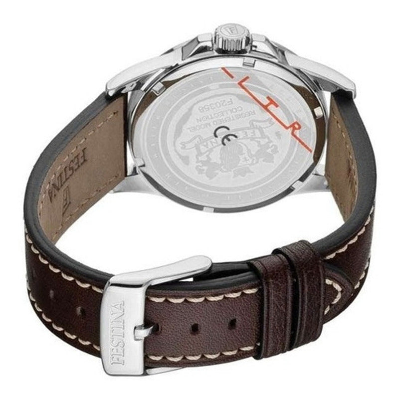 Reloj Pulsera Festina F20358-3 Con Correa De Cuero Color Marrón - Fondo Azul - Bisel Plata