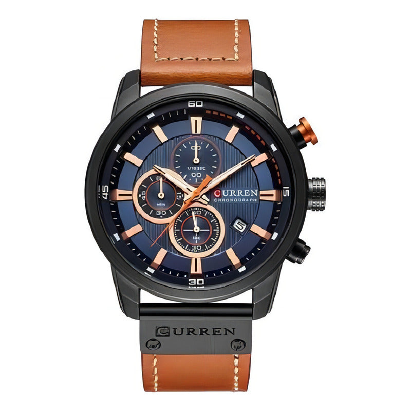 Reloj Cronógrafo De Cuero Funcional Curren 8291 Marrón Preto Azul Marino