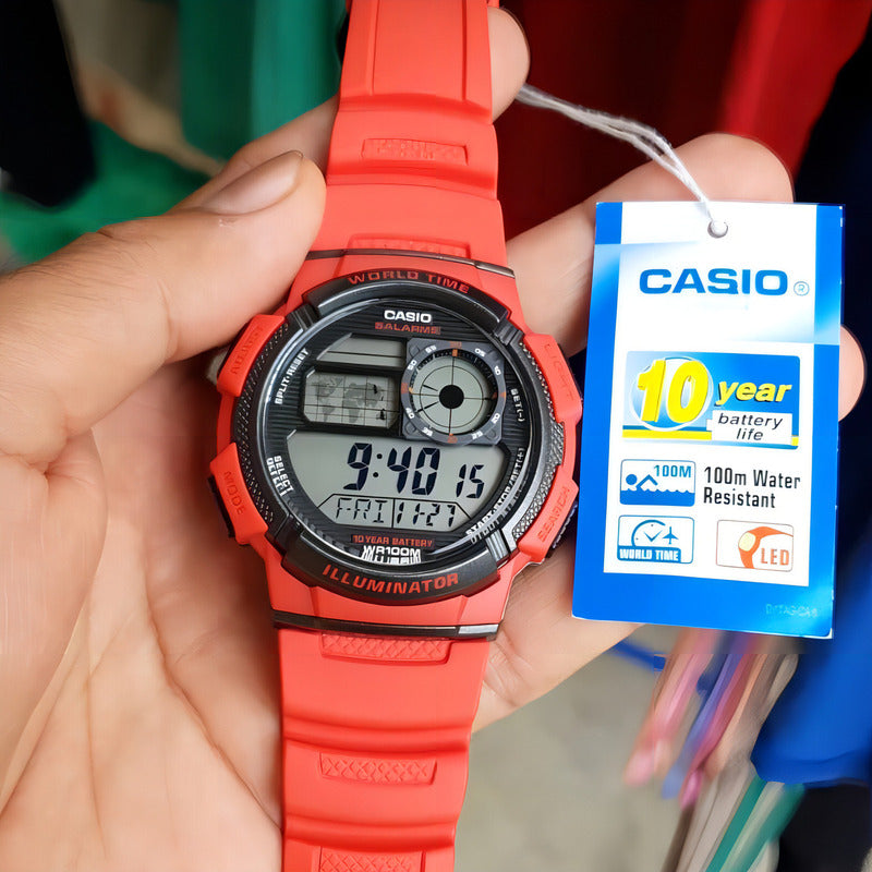 Reloj Casio Ae-1000w 100m W Pila 10 Años Crono Alarma Timer Malla Rojo Bisel Rojo Fondo 4a