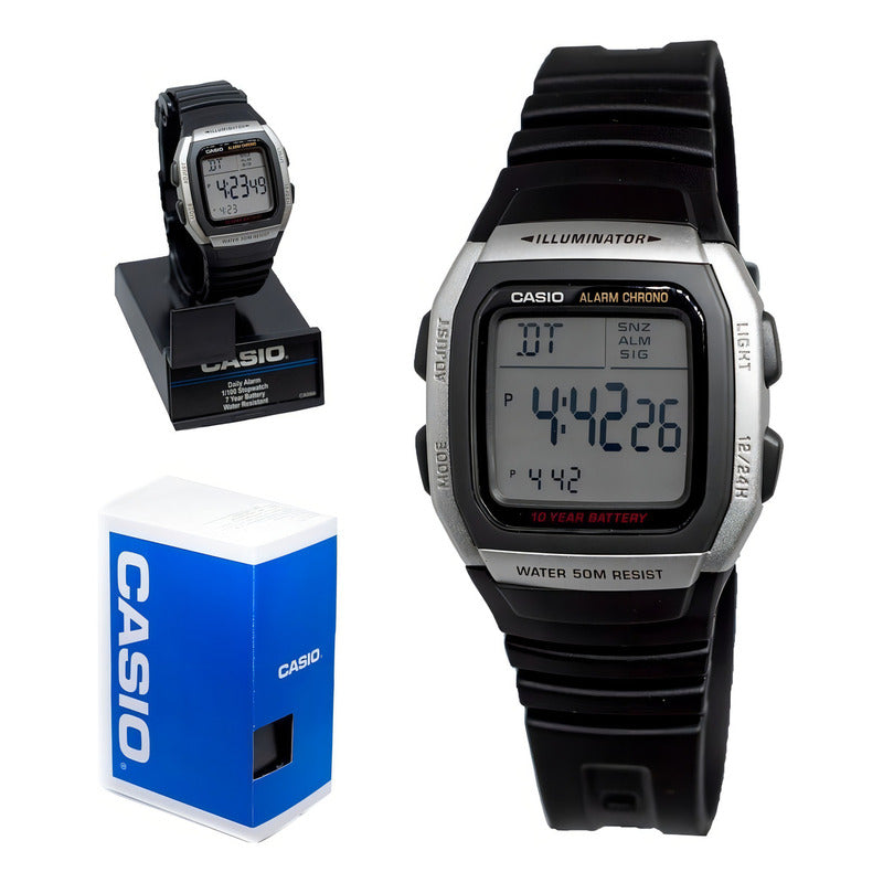 Reloj Casio Hombre Retro W-96h-1a 10 Años De Bateria Grat Color Del Fondo Agua Negro Plateado