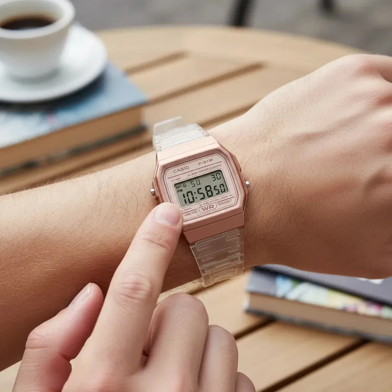 Reloj Casio F-91ws-7a3df Cuarzo Mujer Oro Rosa Transparente