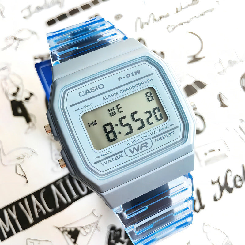 Reloj Casio Collection F-91ws-2 Color Celeste Transparente/celeste Gris