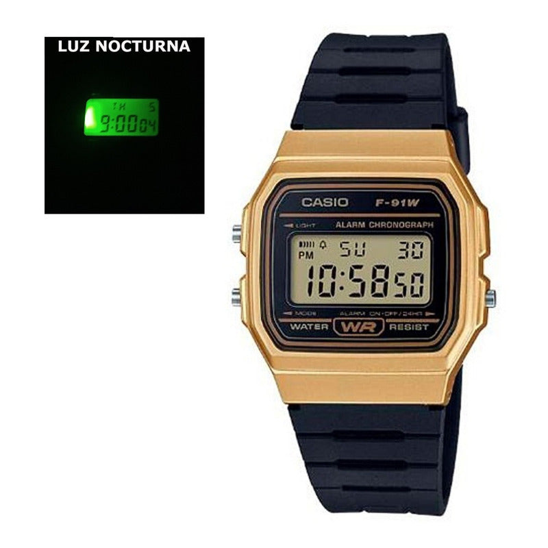 Reloj De Pulsera Casio Collection F-91wm-9a Relojesymas Negro Dorado