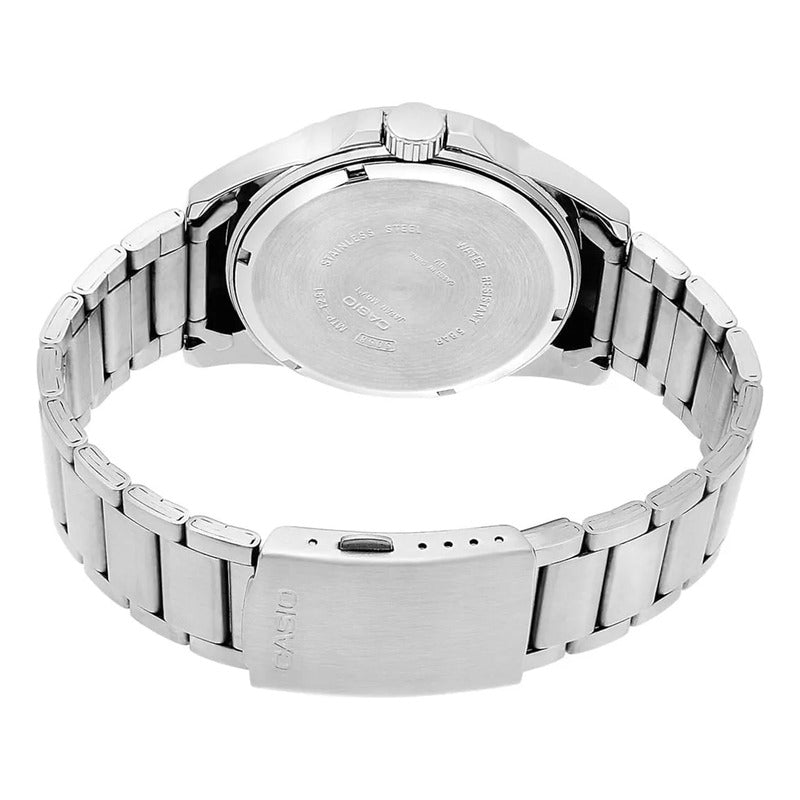 Reloj Casio Mtp-vd01d Colores Acero Inoxidable Correa Plateado Bisel Plateado Fondo Verde Claro
