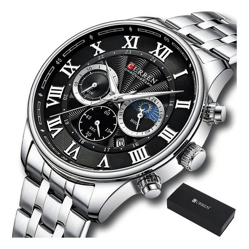 Reloj Cronógrafo Con Calendario De Lujo Curren Para Hombre Color Del Fondo Silver Black