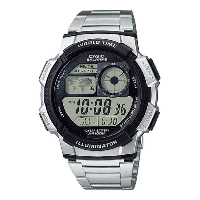Reloj Pulsera Digital Casio Ae-1000wd-1avdf Con Correa De Acero Inoxidable Color Plateado - Fondo Negro