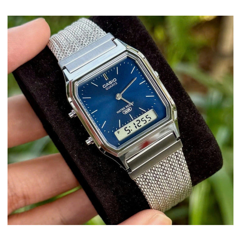 Reloj Casio Aq-230em-2a Vintage Cuadrado Elegante Plateado Azul