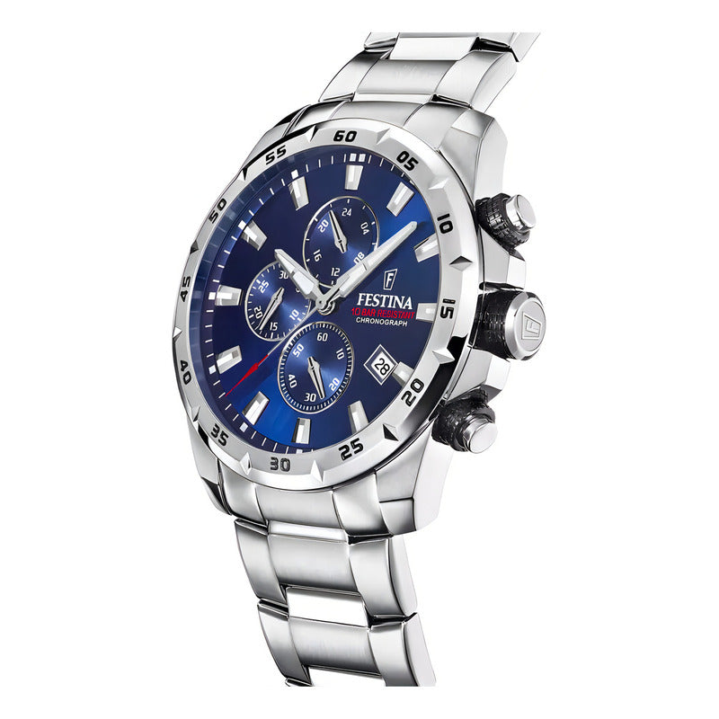 Reloj Pulsera Festina F20463 Con Correa De Acero Inoxidable Color Plateado - Fondo Azul