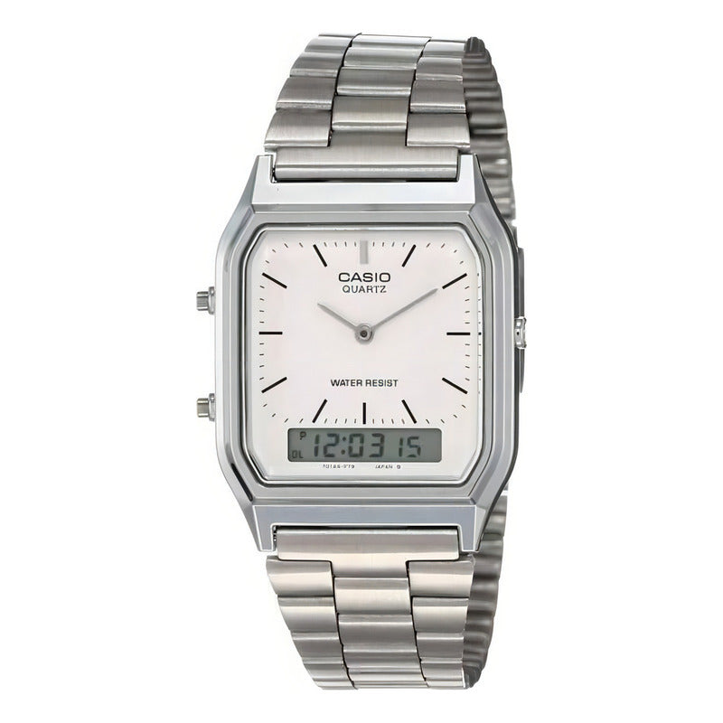 Reloj Pulsera Casio Aq-230 Con Correa De Acero Inoxidable Color Plateado - Fondo Blanco/gris - Bisel Gris