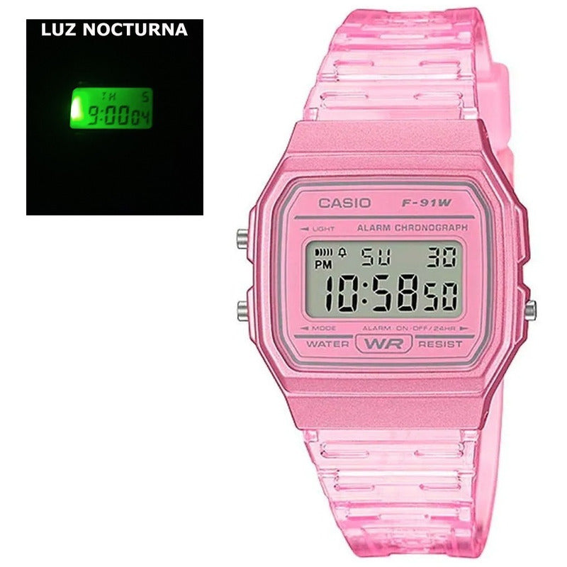 Reloj De Pulsera Casio Collection F-91ws-4d Relojesymas Transparente/rosa Rosa Gris