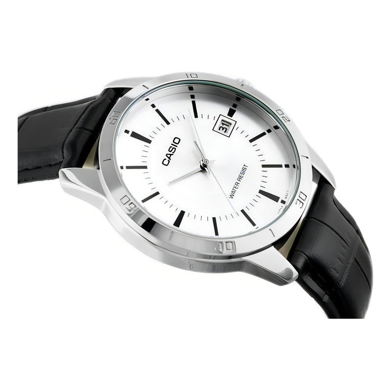 Reloj Pulsera Casio Mtp-v004l-7a Con Correa De Cuero Color Negro - Fondo Blanco - Bisel Plata
