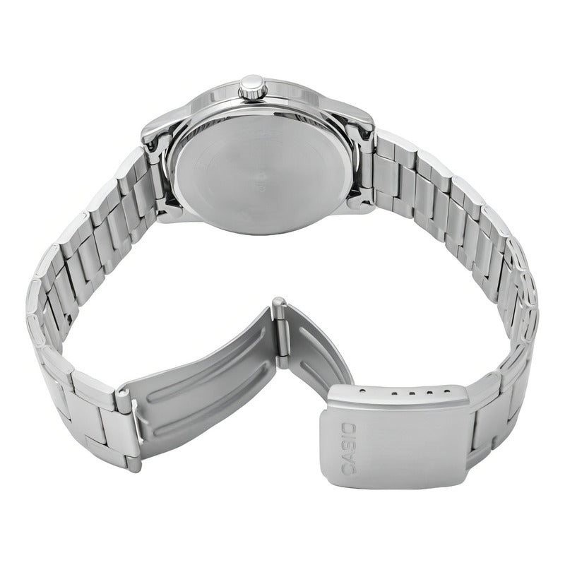Reloj Pulsera Casio Mtp-v001d-1budf Con Correa De Acero Inoxidable Color Plateado - Fondo Negro
