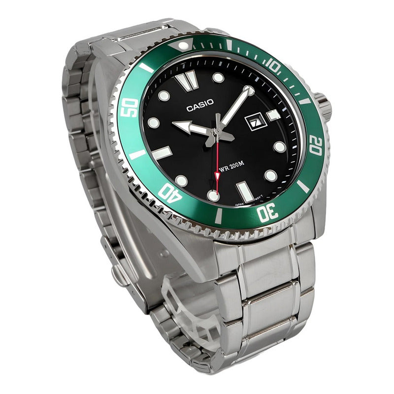 Reloj Casio Hombre Mdv-107d-3a Analogico Acero Inox Color Plateado Y Verde Negro