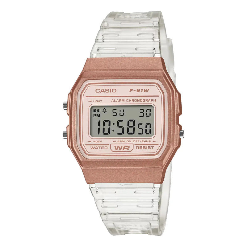 Reloj Casio F-91ws-7a3 Unisex Resina Rosa Cierre Hebilla Transparente Coral Claro Gris