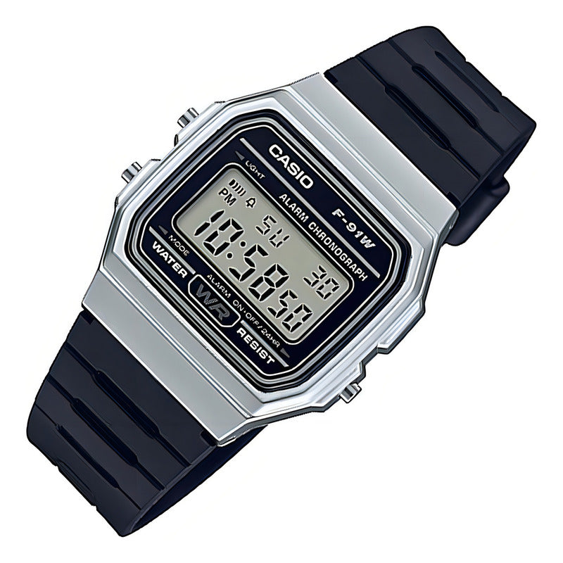 Reloj Pulsera Casio Collection F-91ws-2cf Digital De Cuerpo Plateado Para Hombre Con Correa De Resina Color Negro Gris