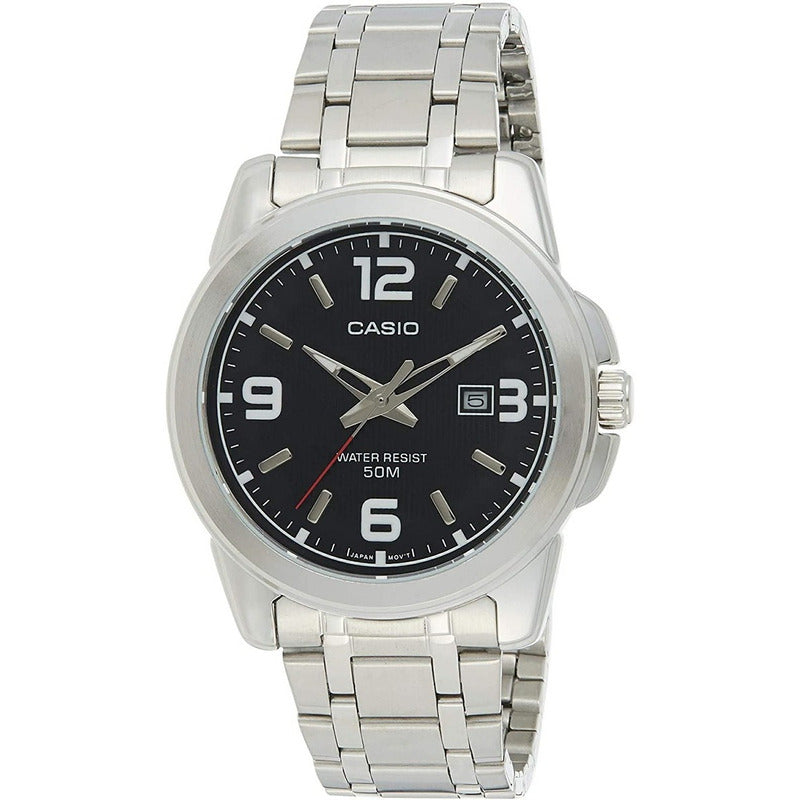 Reloj Pulsera Casio Mtp-1314d-1a Con Correa De Acero Inoxidable Color Plateado - Fondo Negro