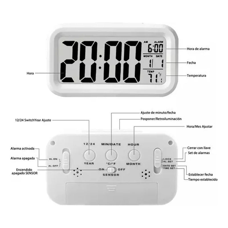 Reloj Despertador Pantalla 1302 Blanco Led Fecha Temperatura Blanco