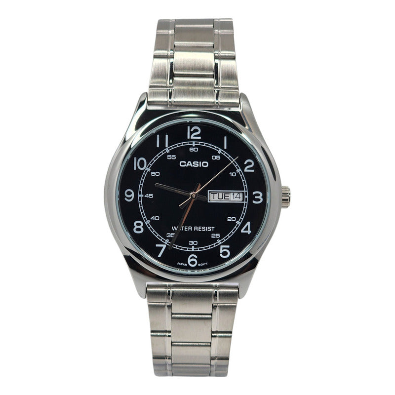 Reloj Pulsera Casio Mtp-v006d-1c Doble Calendario Con Caja Y Correa De Acero Inoxidable Color Plateado Fondo Negro