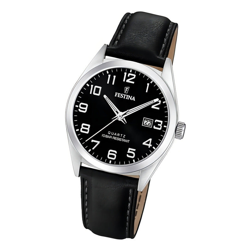 Reloj Pulsera Festina F20446 Con Correa De Cuero Color Negro - Bisel Plateado