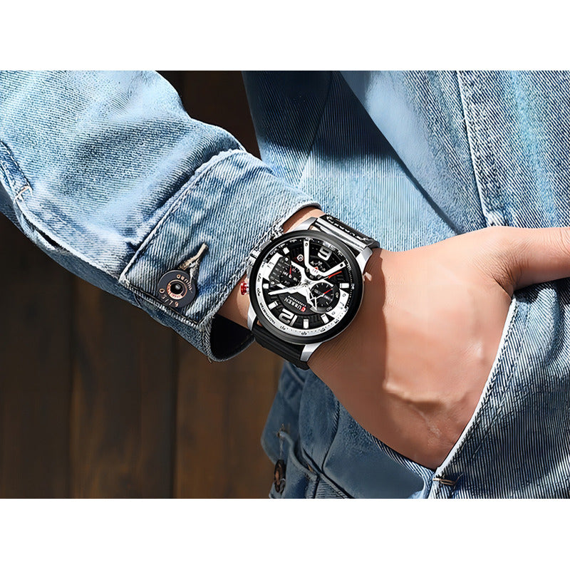 Reloj Pulsera Curren 8329 Con Correa De Cuero Color Negro - Bisel Negro/blanco