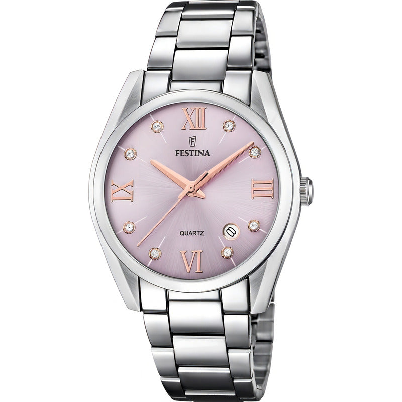 Reloj De Mujer Festina Boyfriend Con Piedras De Acero F16790 Color Del Fondo Lila Claro Color De La Malla Plateado Color Del Bisel Plateado Rosa