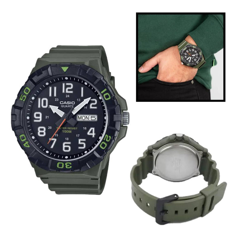 Reloj Casio Analógico Para Hombre Con Correa Verde Y Resistencia Al Agua De 100 M Negro