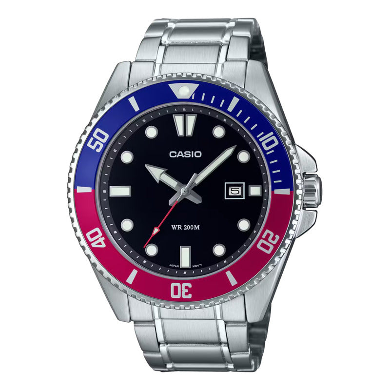 Reloj Casio Hombre Mdv-107d-1a3v Sumergible Original Plateado Azul-rojo Negro