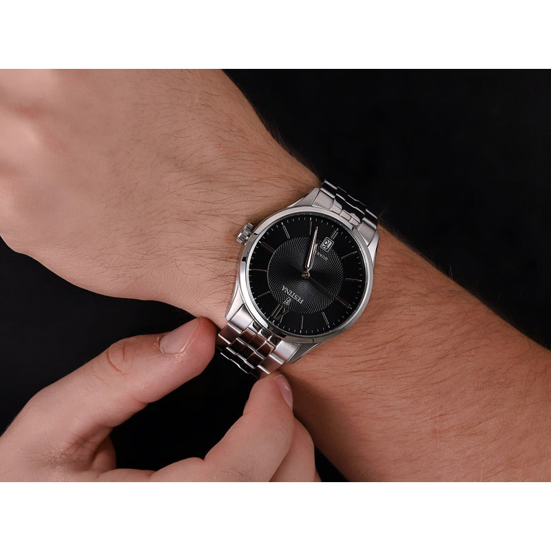 Reloj Pulsera Festina Relógio Con Correa De Acero Color Gris - Fondo Negro - Bisel Plateado