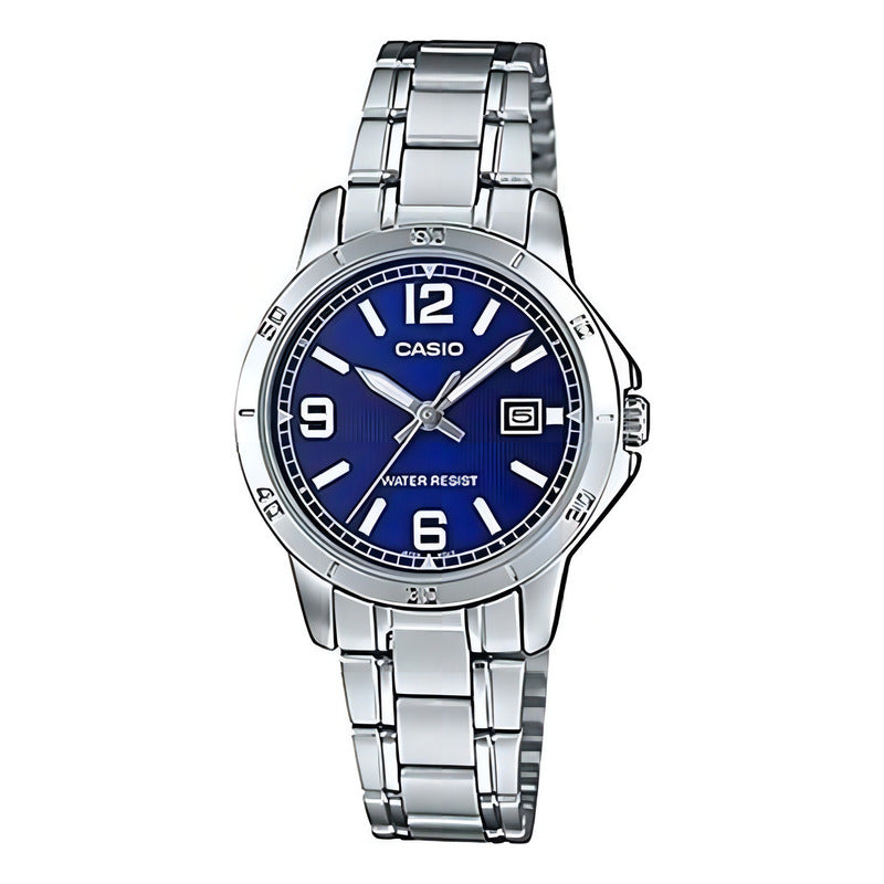 Reloj Casio De Mujer Analógico Con Correa De Acero Inoxidable Y Fondo Azul Plateado Azul Ltp-v004d-2b