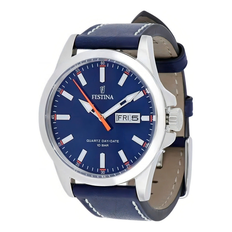 Reloj Pulsera Festina F20358-3 Con Correa De Cuero Color Azul - Bisel Plata