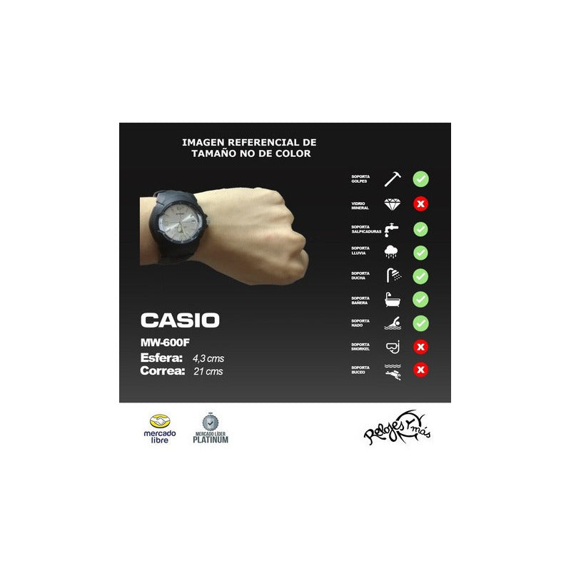 Reloj Casio Mw-600f-7a Plateado Relojesymas Blanco Negro Blanco 7a