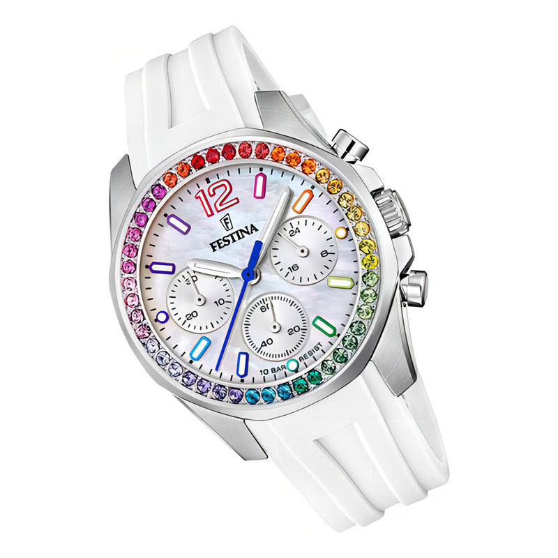 Reloj Festina Blanco Piedra Multicolor Mujer Caucho F20610.2 Color Del Fondo Nácar Color De La Malla Blanco Color Del Bisel Multicolor