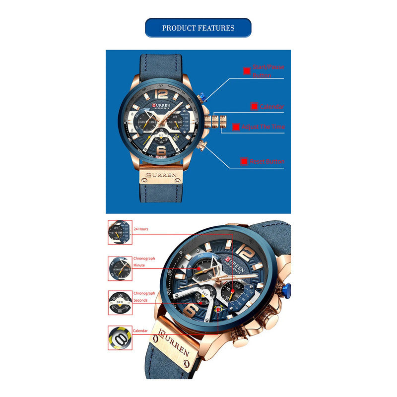 Reloj Pulsera Curren 8329 Con Correa De Cuero Color Marrón - Fondo Negro - Bisel Negro/gris