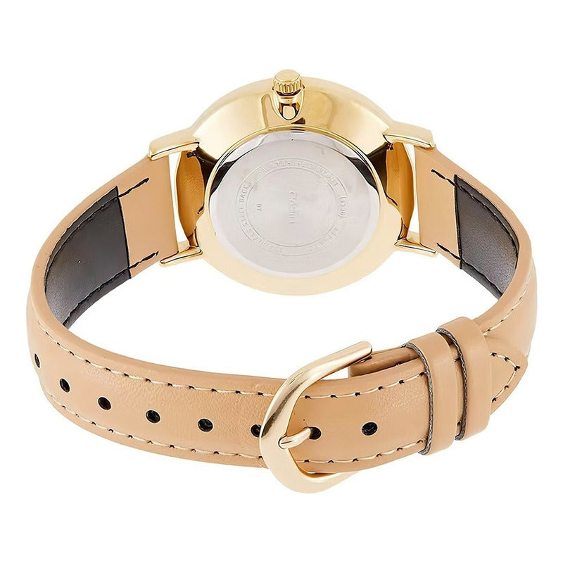 Reloj De Pulsera Casio Dress Ltp-vt01gl-7b De Cuerpo Color Dorado, Analógico, Para Mujer, Fondo Blanco, Con Correa De Cuero Color Marrón Claro, Agujas Color Dorado, Bisel Color Dorado