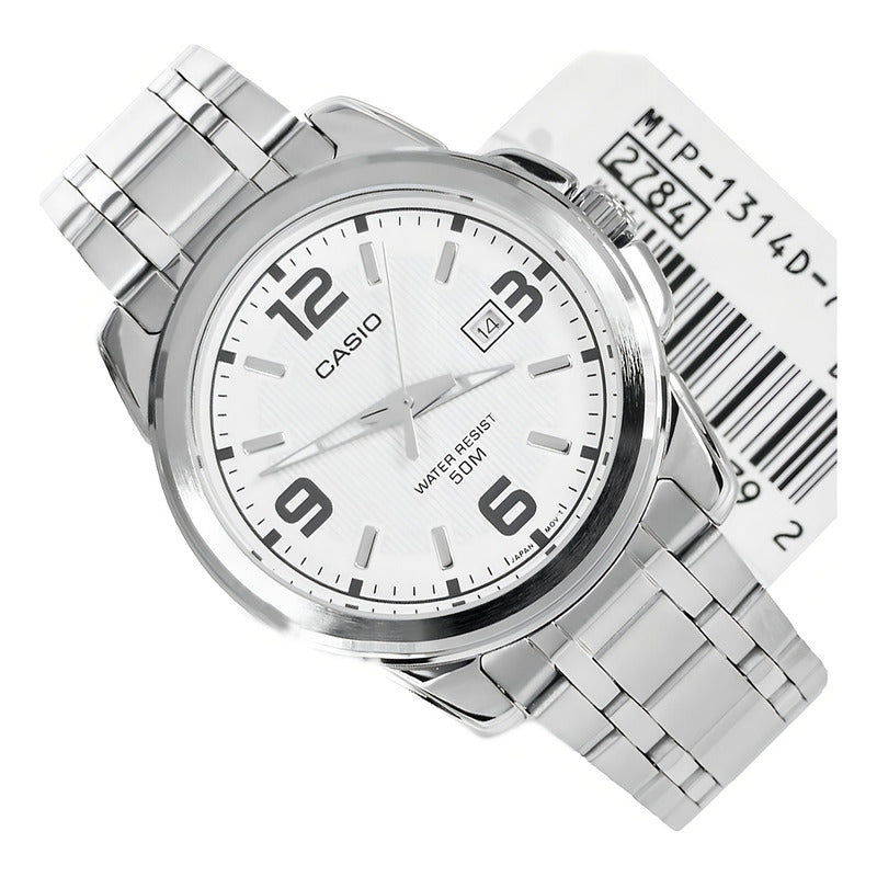 Reloj Pulsera Casio Mtp-1314d-7a Con Correa De Acero Inoxidable Color Plateado Fondo Blanco
