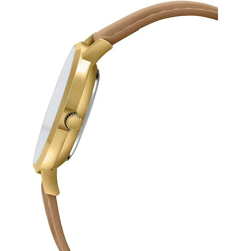 Reloj De Pulsera Casio Dress Ltp-vt01gl-7b De Cuerpo Color Dorado, Analógico, Para Mujer, Fondo Blanco, Con Correa De Cuero Color Marrón Claro, Agujas Color Dorado, Bisel Color Dorado