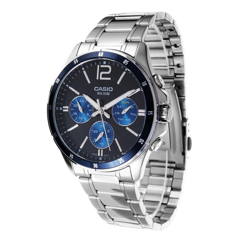 Reloj Casio Mtp1374d-2avdf Cuarzo Hombre Color De La Correa Plateado Color Del Bisel Negro Color Del Fondo Azul Marino