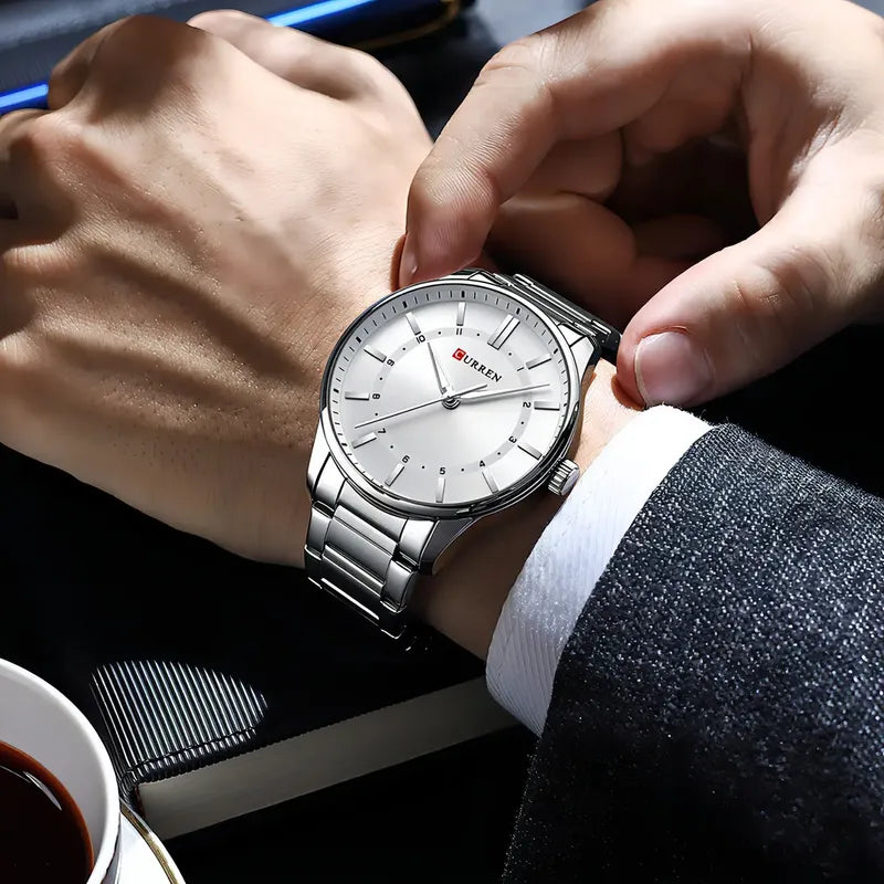 Relojes Casuales De Cuarzo Inoxidable Curren 8430 Para El Hogar Con Fondo Plateado Negro