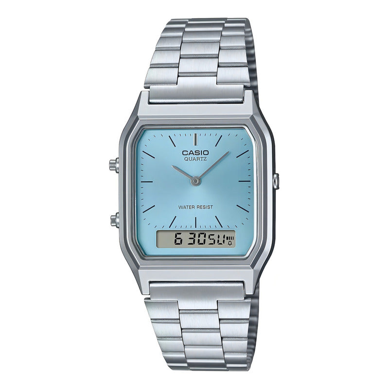 Reloj Casio Vintage Digital De Cuarzo Con Cronógrafo Y Malla De Acero Inoxidable Plateado Celeste