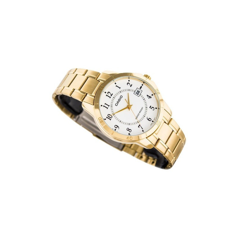 Reloj De Pulsera Casio Enticer Mtp-v004 De Cuerpo Color Dorado, Analógico, Para Hombre, Fondo Blanco, Con Correa De Acero Inoxidable Color Dorado, Agujas Color Dorado, Dial Negro, Minutero/segundero N