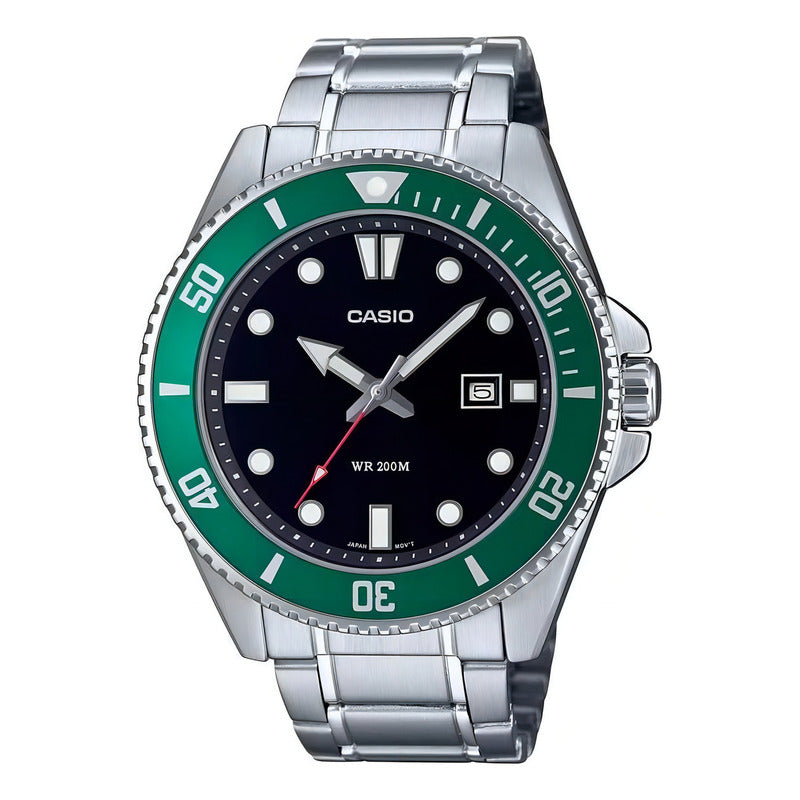 Reloj Casio Hombre Mdv-107d-3a Analogico Acero Inox Color Plateado Y Verde Negro