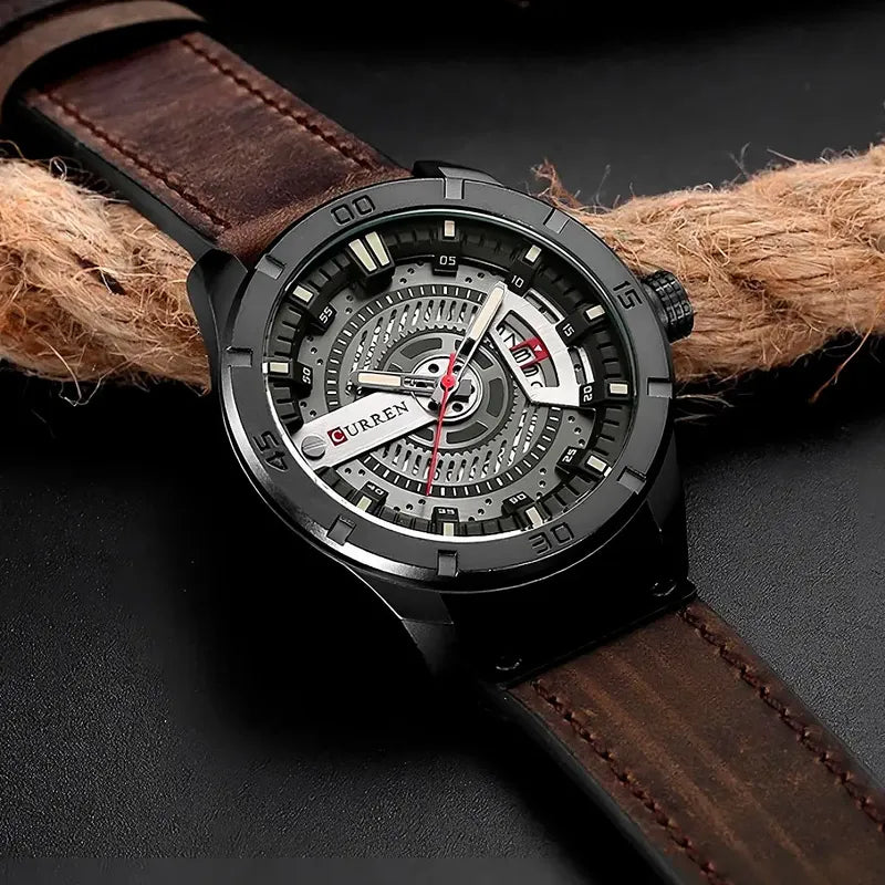Reloj Para Hombre Curren 8301 Con Correa De Cuero Correa Marrón Bisel Marrón Fondo Marrón