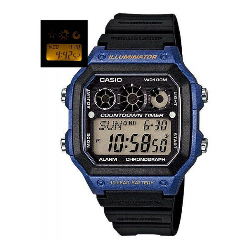 Reloj Pulsera Digital Casio Ae-1300wh-2a Con Correa De Resina Color Negro - Bisel Azul/negro