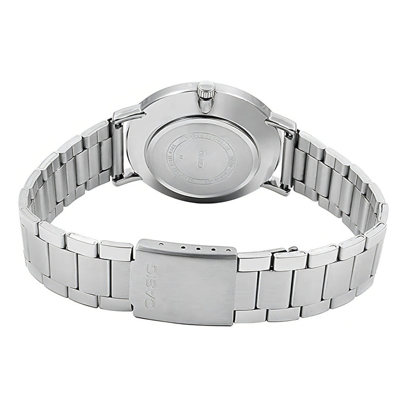 Reloj Pulsera Casio Mtp-vt01d-2b Con Correa De Acero Inoxidable Color Plateado - Fondo Azul