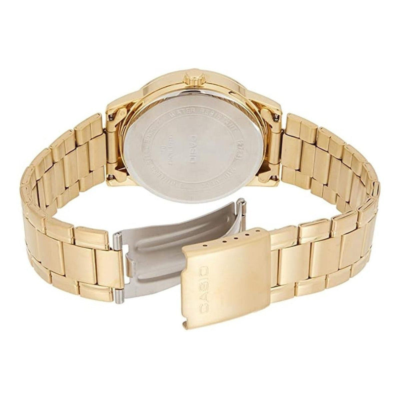 Reloj Pulsera Casio Mtp-v002g-1b Con Correa De Acero Inoxidable Color Dorado - Fondo Negro