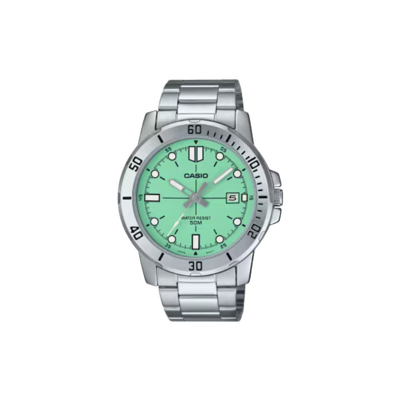 Reloj Casio Mtp-vd01d Colores Acero Inoxidable Correa Plateado Bisel Plateado Fondo Verde Claro