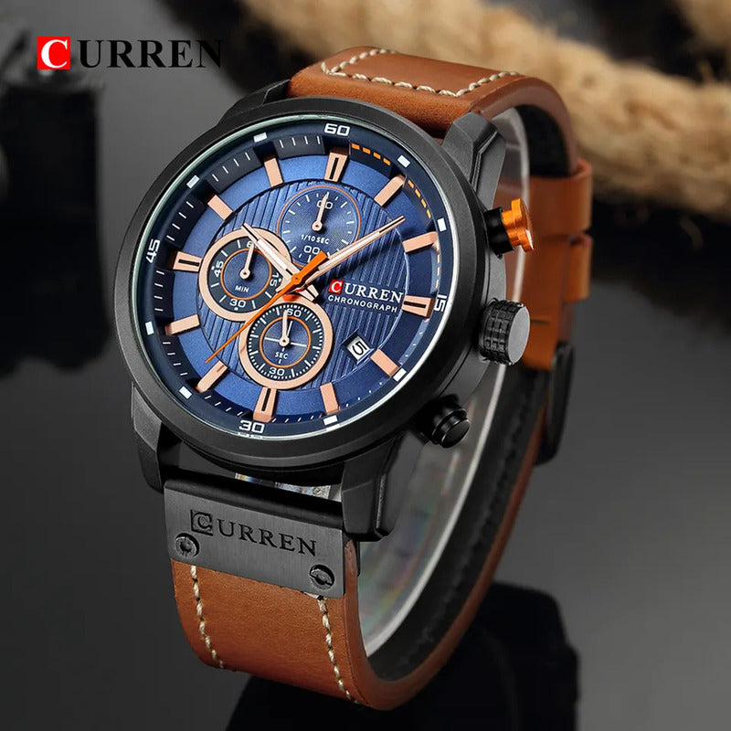 Reloj Cronógrafo De Cuero Funcional Curren 8291 Marrón Preto Azul Marino
