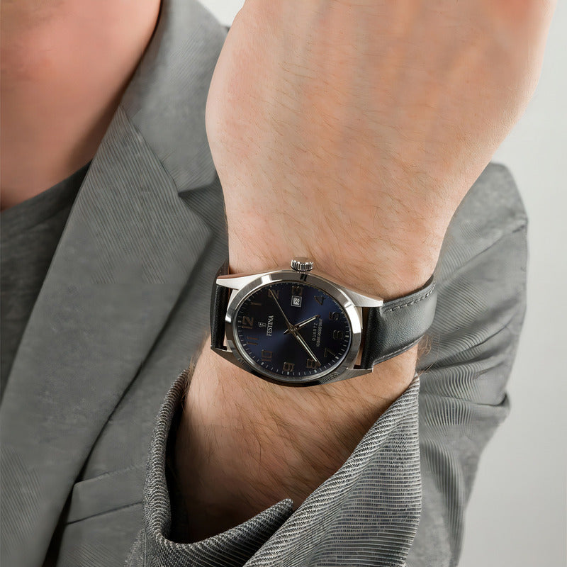 Reloj Pulsera Festina F20446 Con Correa De Cuero Color Negro - Fondo Azul - Bisel Plateado
