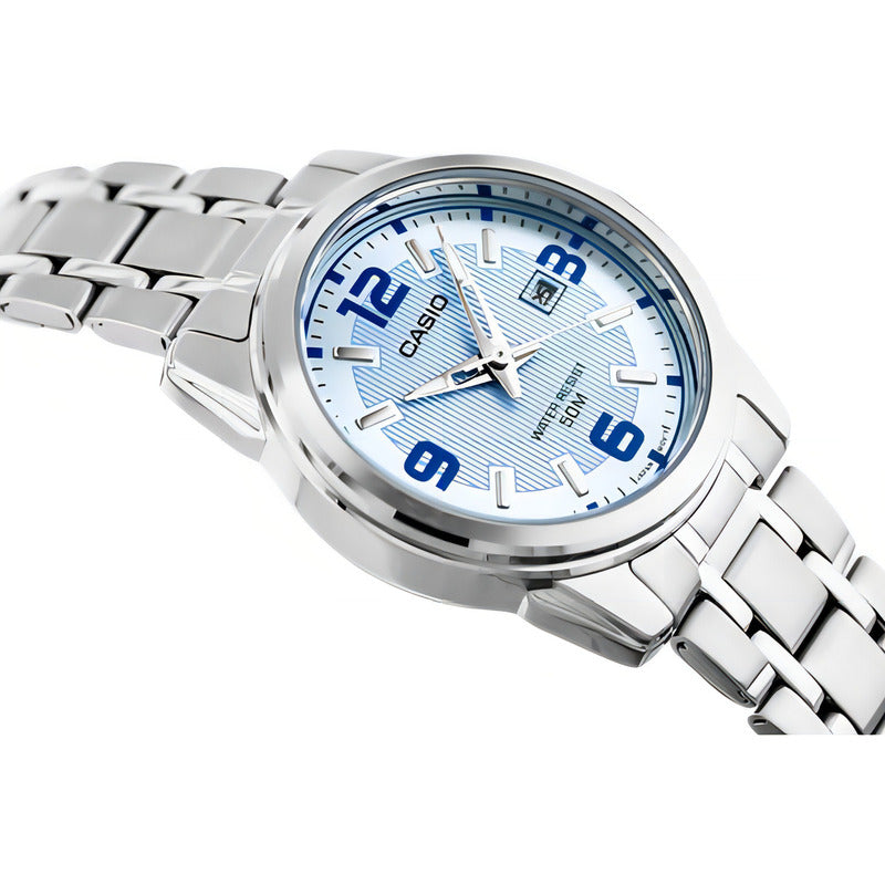 Reloj Casio Para Mujer Ltp-1314d De Acero Inoxidable Con Fechador Plateado Celeste